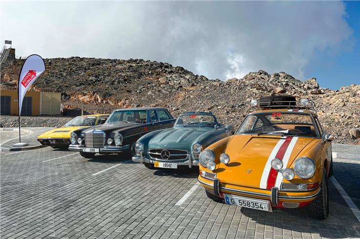 Jacky Ickx&#8217;s Bahama Mama and a 300SL after a climb to Jabel Jais - the highest peak in the UAE at 1500m above sea level. 